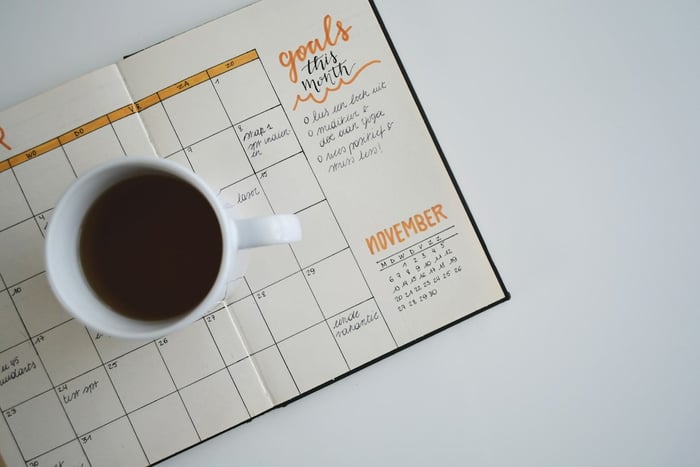 Cup of coffee resting on an open weekly planner