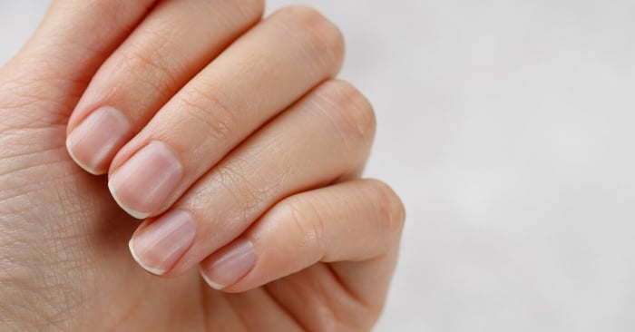 A close-up on a person's healthy, trimmed nails. Each nail surface is smooth and the cuticles are clean.