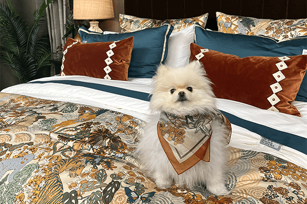 A pup enjoying Eastern Accents' Gustav bed at High Point Market