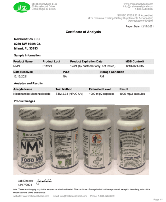 RevGenetics Advanced NMN 1000 current Certificate of Analysis from accredited ISO 17025 laboratory showing superior purity and potency