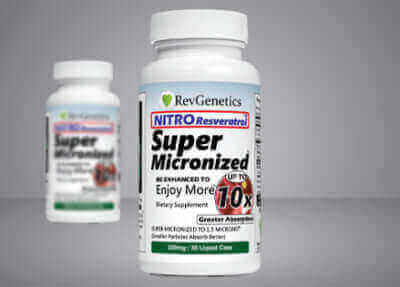 Resveratrol supplement bottle showing Nitro Resveratrol super micronized formula for maximum telomerase activation
