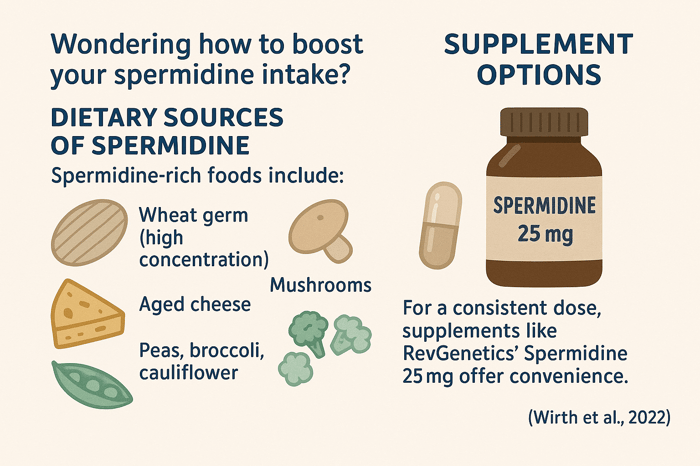 Natural dietary sources of spermidine for brain health including wheat germ, soybeans, aged cheese, and vegetables
