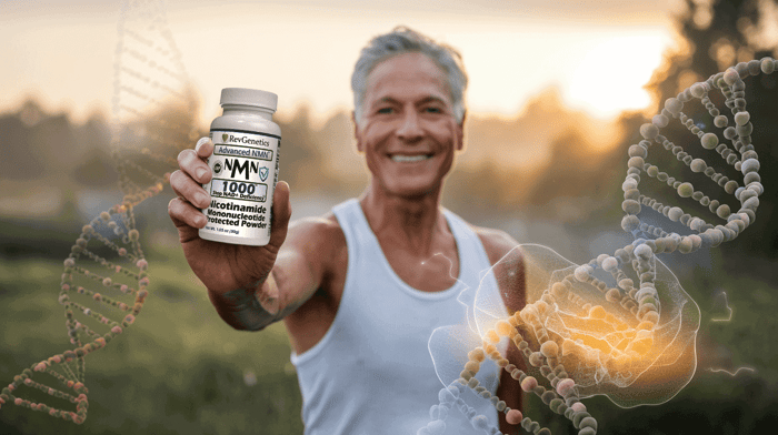 Anti-Aging NMN supplements displayed with healthy foods rich in cellular nutrition
