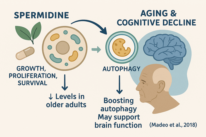 Spermidine molecule structure and its role in brain protection through autophagy enhancement and cellular renewal