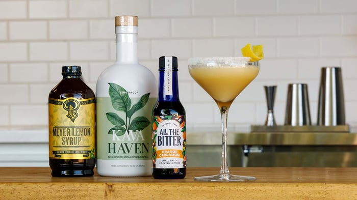 Lemon Drop mocktail made with Kava Haven and non-alcoholic Orange bitters.