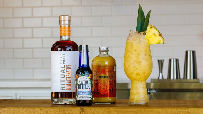 Painkiller mocktail recipe made with Kavahol and non-alcoholic rum.
