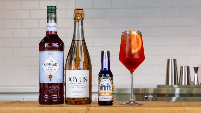 Non-alcoholic spritz mocktail made with Giffard Aperitif.