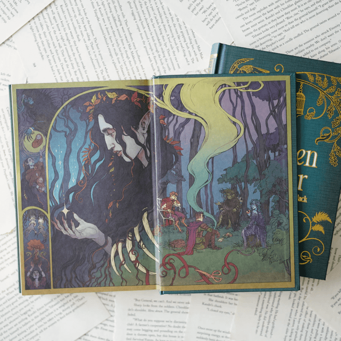 This image shows an open book with a fantastical illustration on the left page and text on the right page. The illustration depicts a dark, mystical scene with a figure holding a glowing object, surrounded by other characters in a forest setting. The text on the right page appears to be a continuation of a story, with phrases like "the general twists around to" and "the Prophet's sons?" visible. The book is placed on top of several other open books, suggesting a setting rich in literature and storytelling.