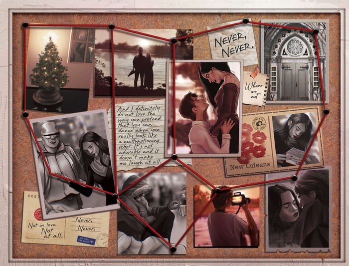 Never Never LitJoy Edition back endpaper art featuring notes and pictures mapping Silas and Charlie's forgotten relationship