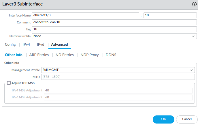 Palo Alto firewall GUI showing advanced settings for Layer 3 subinterface ethernet1/3.10, assigned to VLAN 10 with full management profile and MTU configuration.
