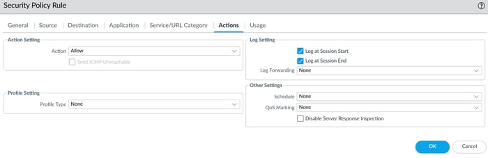 Screenshot of the 'Actions' tab in a Palo Alto firewall security policy rule, showing options for allowing traffic, logging sessions, and applying profiles.