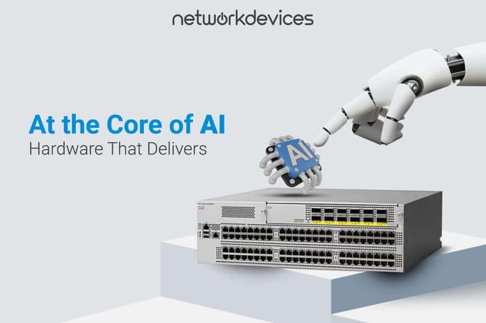 Robot hand placing AI chip on network switch with text 'At the Core of AI – Hardware That Delivers' and Network Devices logo. (AI Hardware)