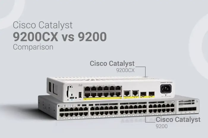 Cisco Catalyst 9200 vs 9200CX Comparison - A visual comparison showcasing the Cisco C9200 for scalability and the compact, fanless Cisco C9200CX for space-constrained environments.