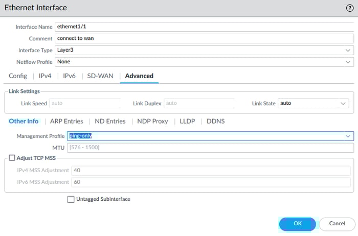 Palo Alto firewall GUI showing advanced settings for Ethernet interface ethernet1/1, including management profile 'ping-only' and link settings configuration.