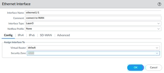 Palo Alto firewall GUI showing Ethernet interface configuration for WAN with interface type Layer 3, virtual router, and security zone assignment.