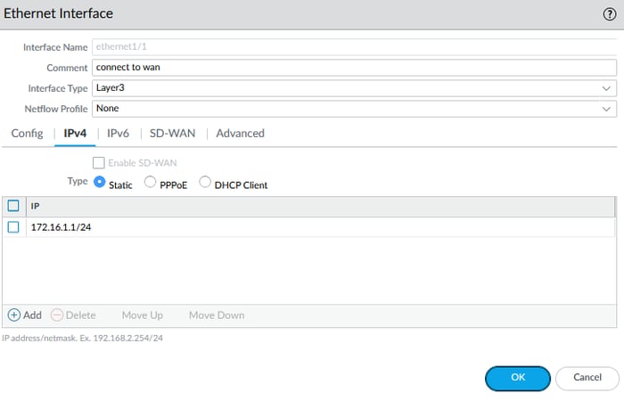 Palo Alto firewall GUI showing IPv4 configuration for Ethernet interface ethernet1/1, with static IP address 172.16.1.1/24 assigned for WAN connection.