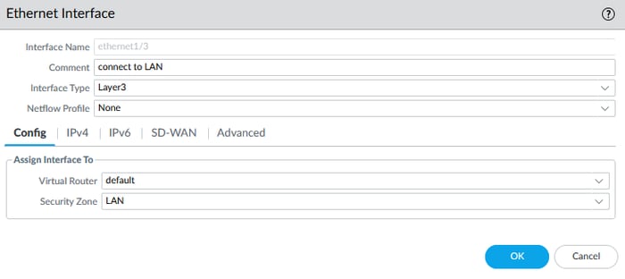 Palo Alto firewall GUI showing Ethernet interface configuration for interface ethernet1/3, assigned to LAN security zone with Layer 3 type and default virtual router.