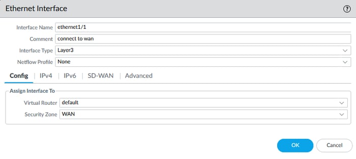 Palo Alto firewall GUI showing Ethernet interface configuration for interface ethernet1/1, assigned to WAN security zone with Layer 3 type and default virtual router.