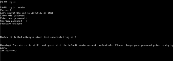 Palo Alto firewall CLI login screen showing password change prompt and default admin credentials warning.