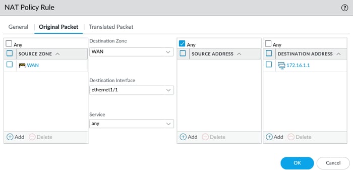 Screenshot of the 'Original Packet' settings for a DNAT policy on a Palo Alto Networks firewall, showing the source and destination zones set to WAN and the destination address set to the public IP address of the firewall.