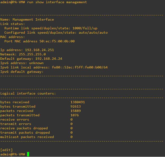Palo Alto firewall CLI output showing management interface details, including IP address, MAC address, link status, and logical interface counters.