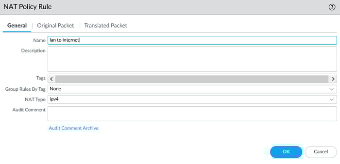 Screenshot showing the 'General' tab for configuring a NAT policy on a Palo Alto Networks next-generation firewall, with the rule name set to 'lan to internet'.