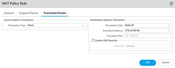 Screenshot of the 'Translated Packet' settings for a DNAT policy on a Palo Alto Networks firewall, showing the configuration for Static IP translation to a private IP address.