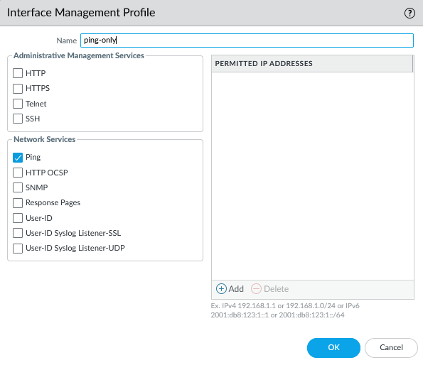 Palo Alto firewall GUI showing interface management profile configuration named 'ping-only,' with ping enabled as the selected network service.