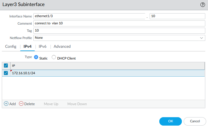Palo Alto firewall GUI showing IPv4 configuration for Layer 3 subinterface ethernet1/3.10, assigned to VLAN 10 with static IP address 172.16.10.1/24.