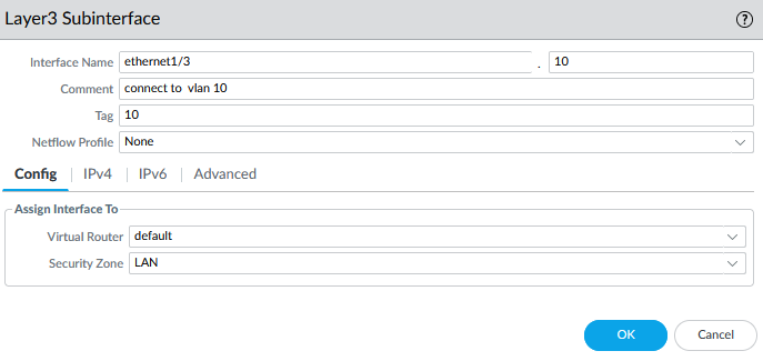 Palo Alto firewall GUI showing Layer 3 subinterface configuration for ethernet1/3.10, assigned to VLAN 10 with LAN security zone and default virtual router.