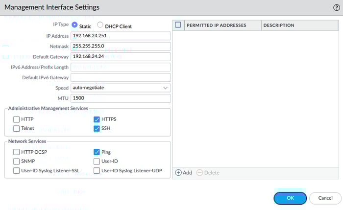 Palo Alto firewall GUI showing management interface settings configuration with static IP, netmask, gateway, administrative services, and network services options.