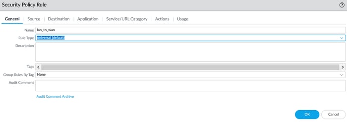 Palo Alto firewall GUI showing security policy rule source settings, with source zone set to LAN and source address, user, and device set to any.
