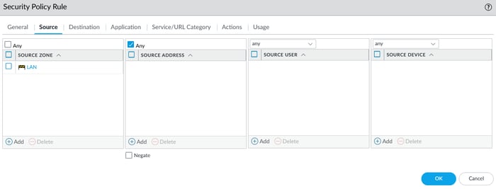 Palo Alto firewall GUI showing security policy rule general settings, with rule name 'lan_to_wan,' rule type 'universal,' and optional tags and audit comments.