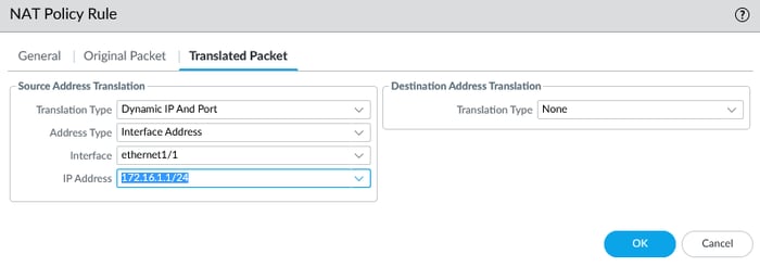 Screenshot of the 'Translated Packet' settings in a Palo Alto firewall NAT policy, showing the configuration for Dynamic IP and Port (DIPP) translation using the firewall's WAN interface IP address.