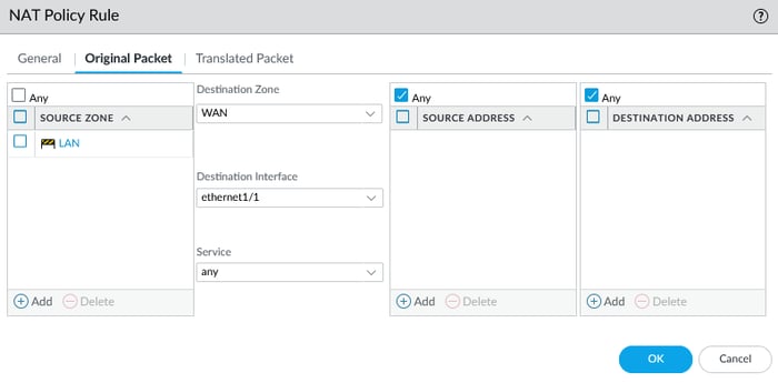 Screenshot of the 'Original Packet' settings in a Palo Alto firewall NAT policy, showing the source zone set to LAN and the destination zone set to WAN for outbound internet traffic.
