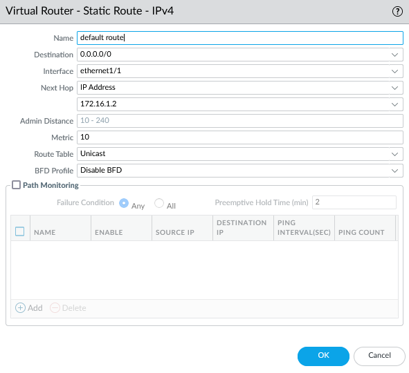 Palo Alto firewall GUI showing virtual router static route configuration with default route, destination 0.0.0.0/0, next hop 172.16.1.2, and interface ethernet1/1