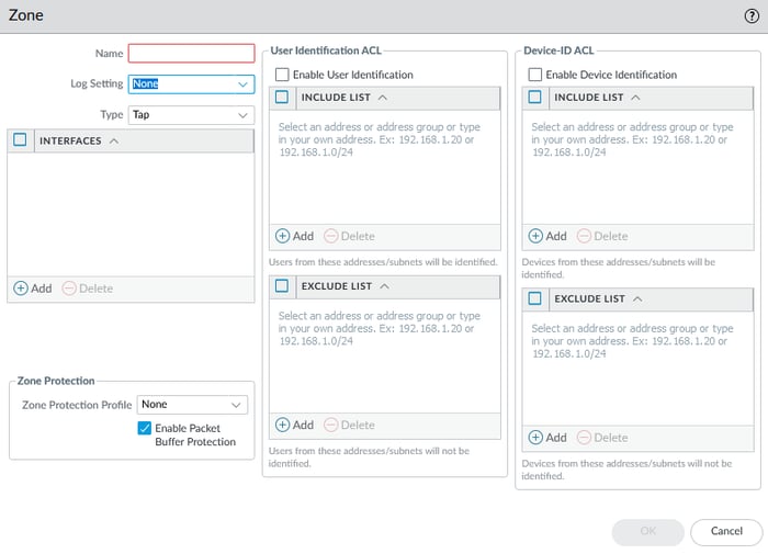 Palo Alto firewall GUI showing zone configuration settings, including user and device identification ACLs, interfaces, and zone protection options with packet buffer protection enabled.