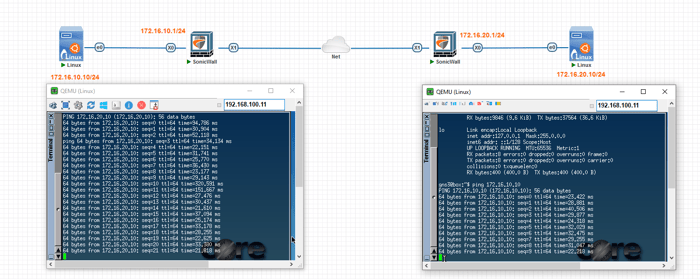 Network setup diagram displaying SonicWall connected to two Linux systems with ping test outputs to verify network connectivity.