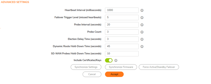 Screenshot of SonicWall High Availability (HA) advanced settings page showing configuration options for heartbeat interval, failover trigger, probe interval, and other advanced HA parameters.
