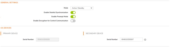 Screenshot of SonicWall High Availability (HA) configuration settings, showing options for Stateful Synchronization, Preempt Mode, and serial numbers for primary and secondary devices.
