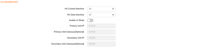 Screenshot of SonicWALL High Availability (HA) interface settings showing configuration for HA control and data interfaces, including L3 mode, and IP settings for primary and secondary units