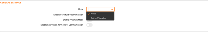 Screenshot of SonicWALL High Availability (HA) general settings page showing dropdown options to select HA mode, including options for Stateful Synchronization, Preempt Mode, and encryption for control communication.