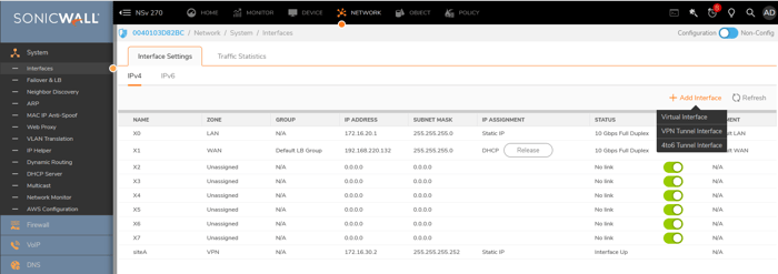 SonicWall interface settings showing IPv4 configuration with options to add VPN tunnel, virtual interface, or 4to6 tunnel for optimized network setup.
