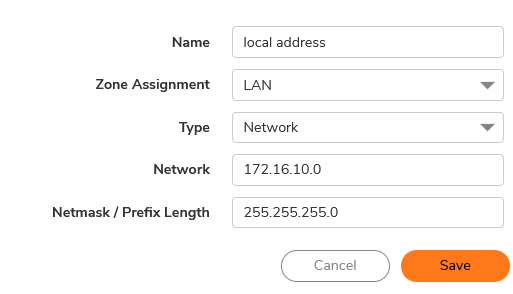 Configuring local address in SonicWall firewall, assigning LAN zone, network type, and setting network address and netmask for secure network management.