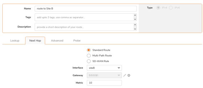 SonicWall next hop route configuration settings for Site B, showing options for interface selection, gateway input, and route metric assignment.