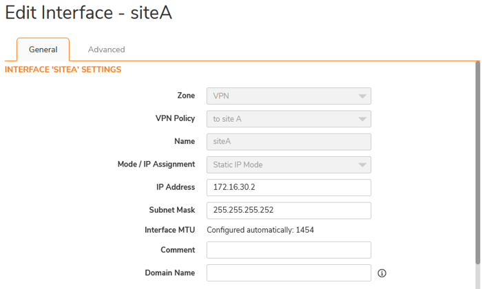 Edit interface settings for SonicWall VPN, configuring siteA with IP address, subnet mask, and static IP mode for secure network connectivity.