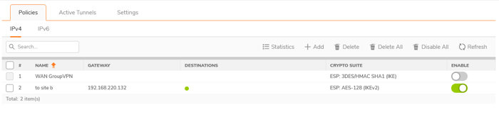 Screenshot of SonicWall VPN policies overview showing configured site-to-site and group VPN policies, including gateways, crypto suites, and enable status for each policy.