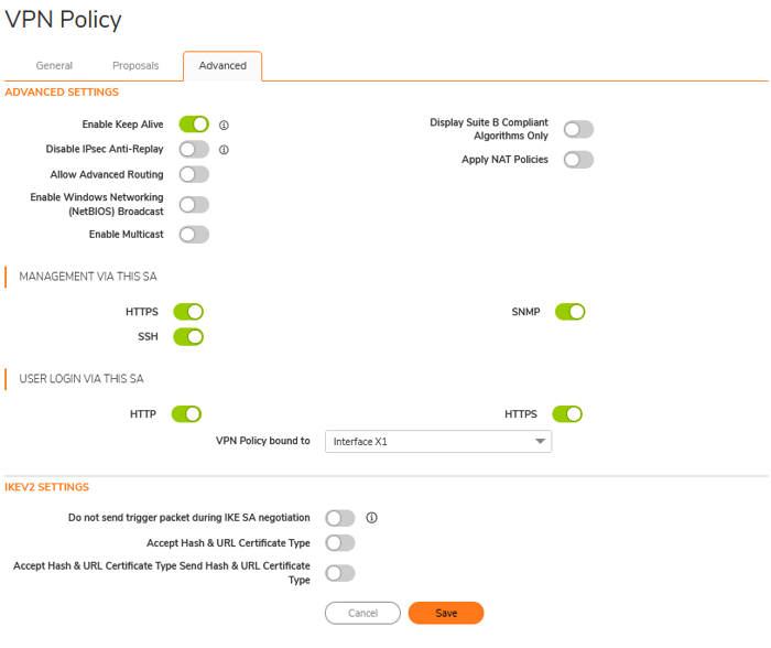 Screenshot of SonicWall VPN policy advanced settings showing keep alive, anti-replay, advanced routing, management via SA, user login settings, and IKEv2 configuration for secure VPN management.
