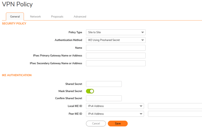 Screenshot of SonicWall VPN policy configuration page showing general settings for site-to-site IPSec VPN setup, including authentication method, IKE authentication, and gateway information.