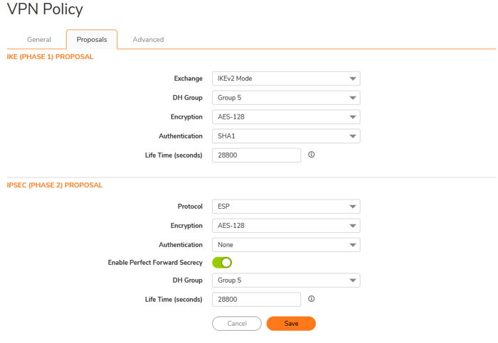 Screenshot of SonicWall VPN policy proposals settings showing IKE Phase 1 and IPSec Phase 2 configuration, including encryption, authentication, and key exchange settings.